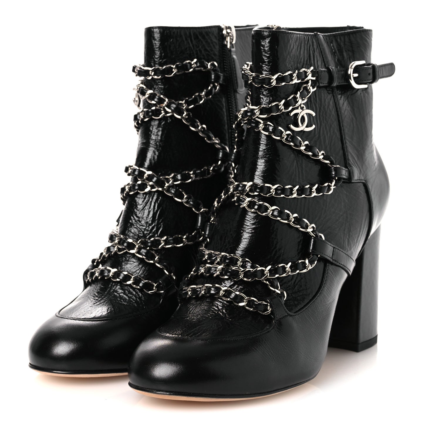 Crackled Calfskin Chain CC Short Boots 38.5 Black