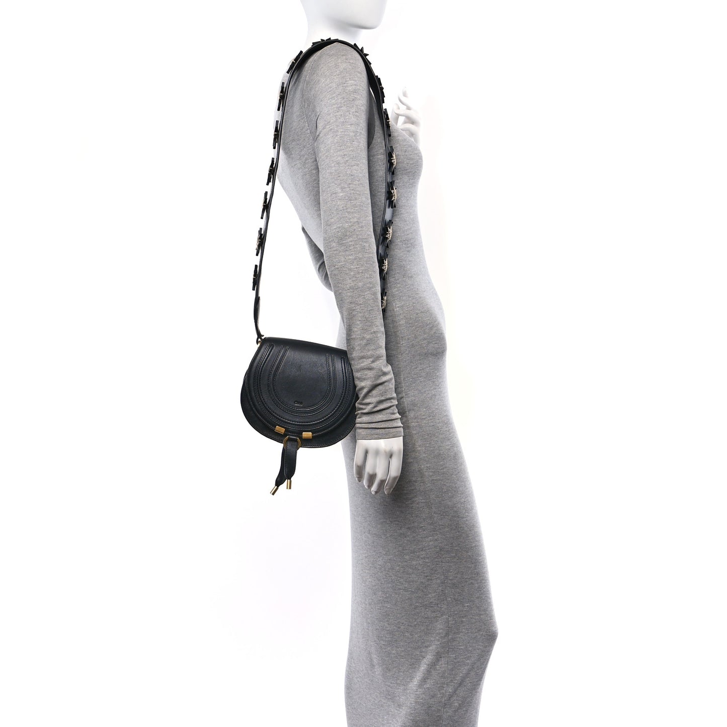 Grained Calfskin Embroidered Star Small Marcie Saddle Bag Black