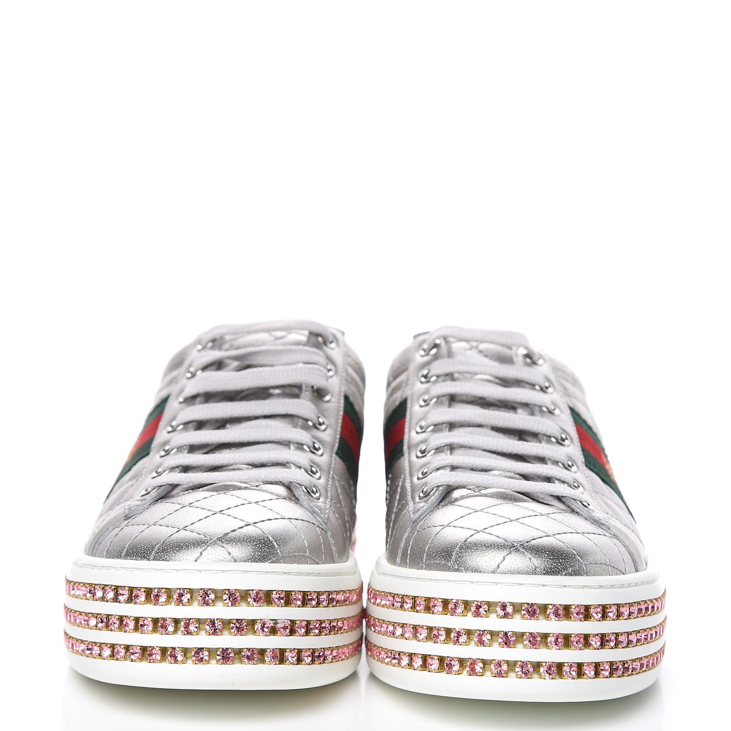 Laminated Nappa Crystal Web Bee Embroidered Trapuntata Womens Ace Platform Sneakers 38.5 Argento