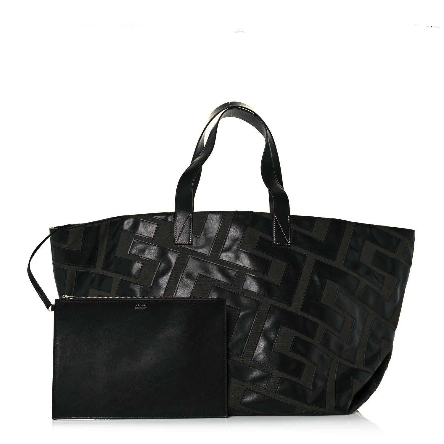 Celine Calfskin Logo Patchwork Cabas Dark Green Black 1 of 15
