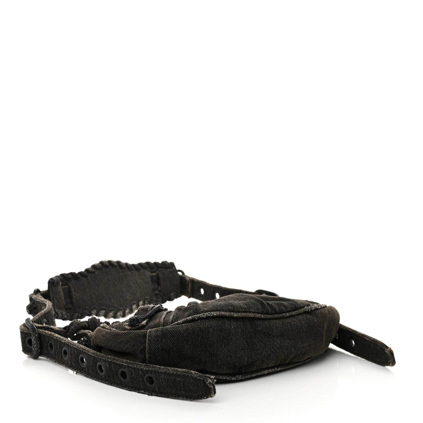 Washed Frayed Denim Crystal Le Cagole Shoulder Bag XS Black