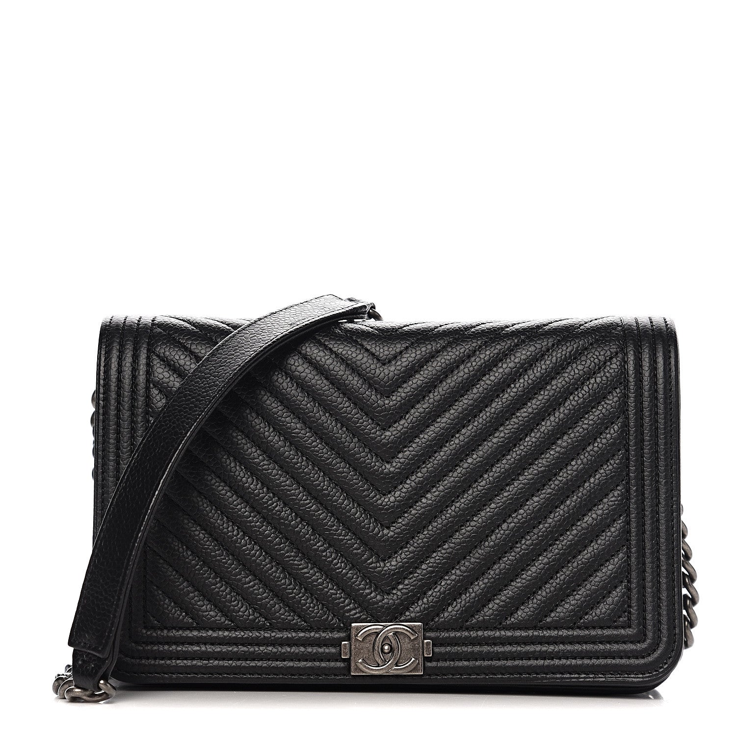 Chanel Caviar Chevron Quilted Boy Wallet On Chain WOC Black 1 of 11