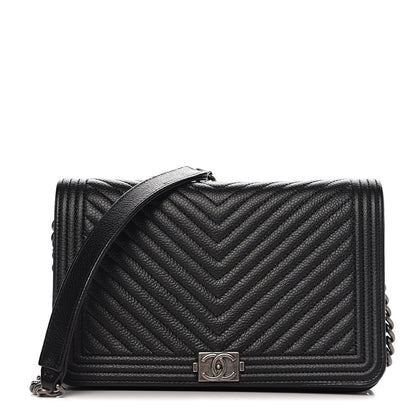 Chanel Caviar Chevron Quilted Boy Wallet On Chain WOC Black 1 of 11