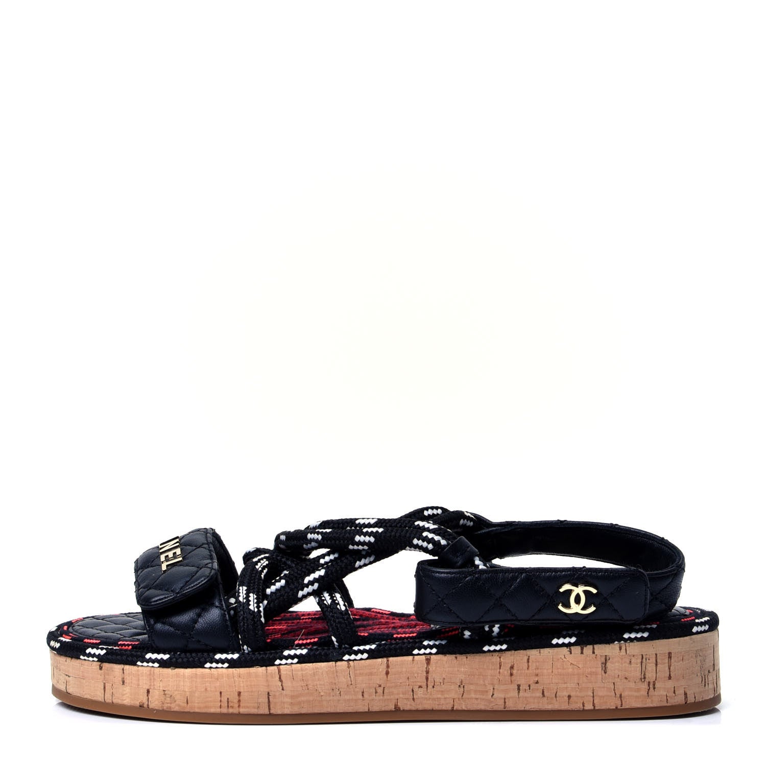 Chanel Cord Lambskin Quilted Logo Sandals 38 Black White 1 of 10