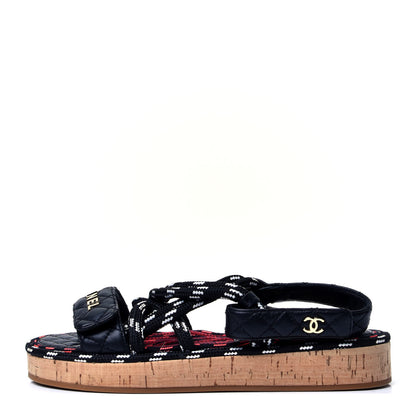 Chanel Cord Lambskin Quilted Logo Sandals 38 Black White 1 of 10