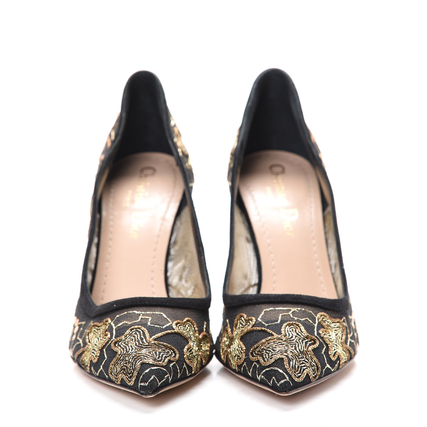 Suede Mesh Clover Embroidered D-Choc Pumps 36 Black Gold