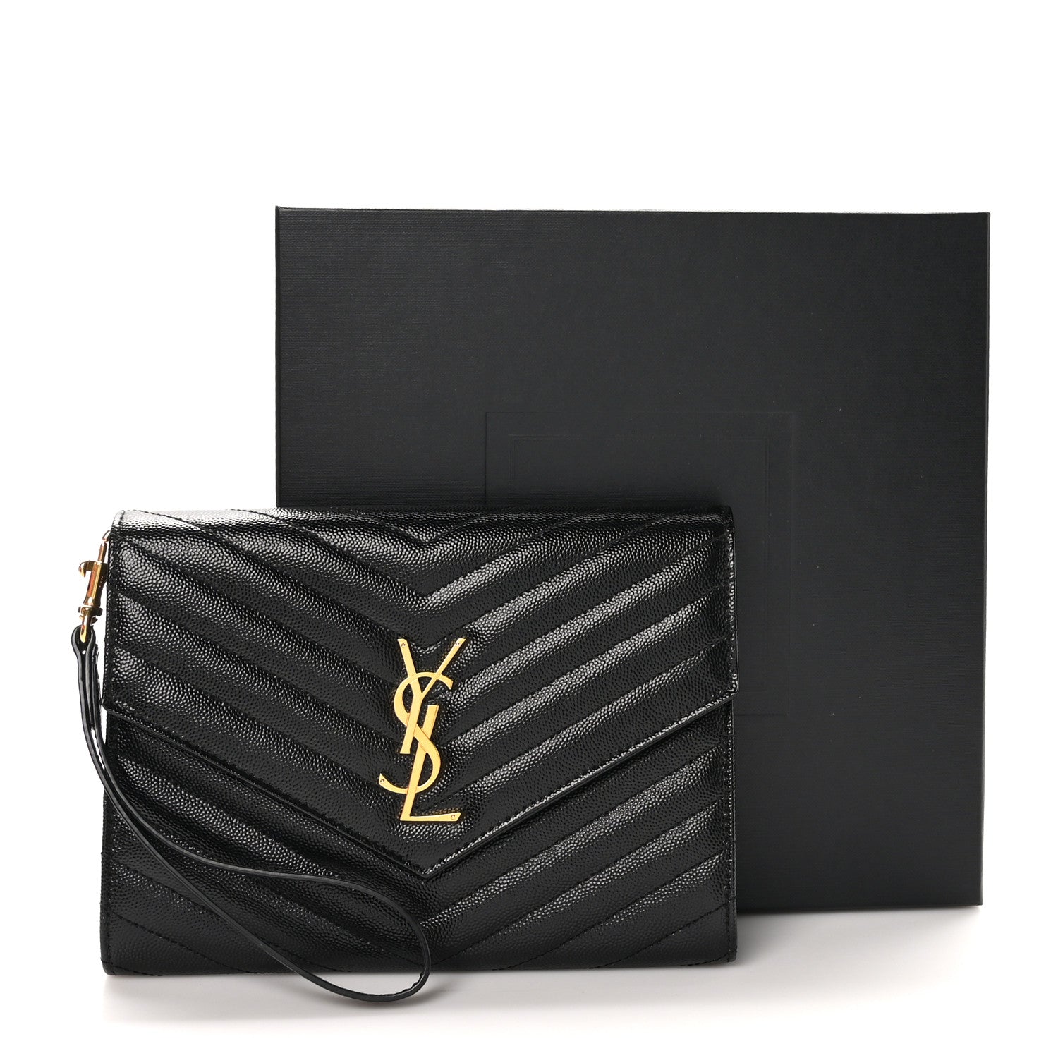 Saint Laurent Grain De Poudre Matelasse Chevron Monogram Envelope Clutch Black 10 of 10
