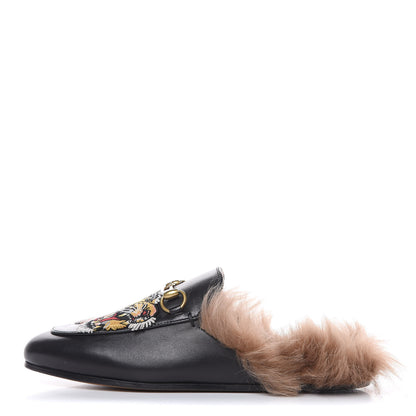 Gucci Calfskin Fur Tiger Embroidered Womens Princetown Slippers 36 Black 1 of 9