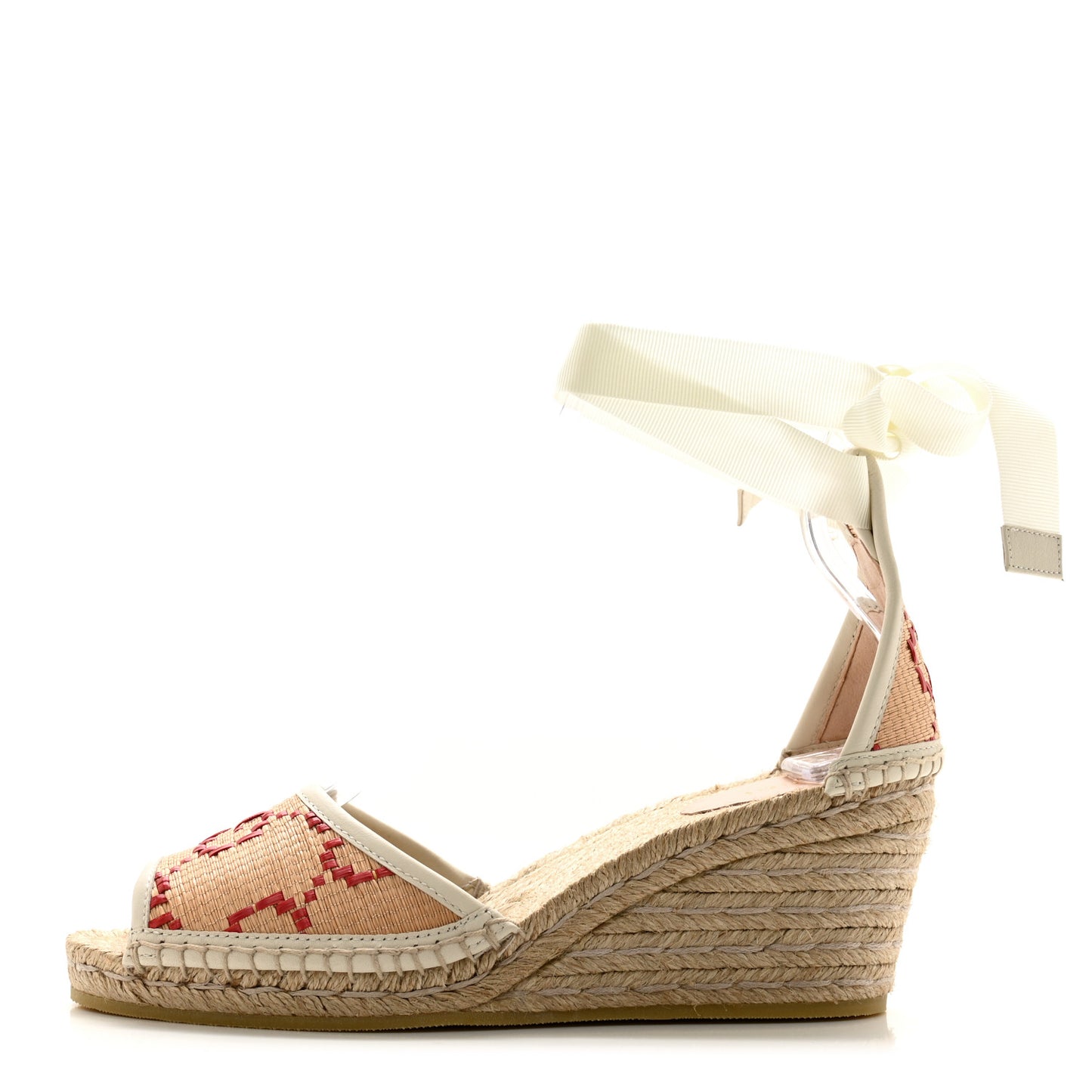 GG Raffia Monogram Ankle Wrap Platform Espadrille Wedge Sandals 37.5 Beige