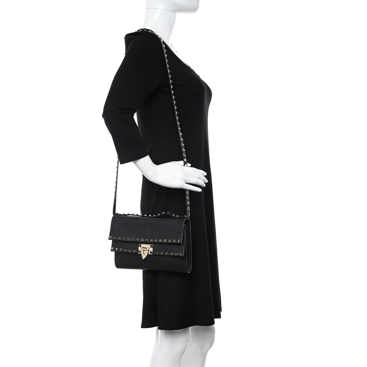 Pebbled Calfskin Rockstud Double Flap Crossbody Bag Black
