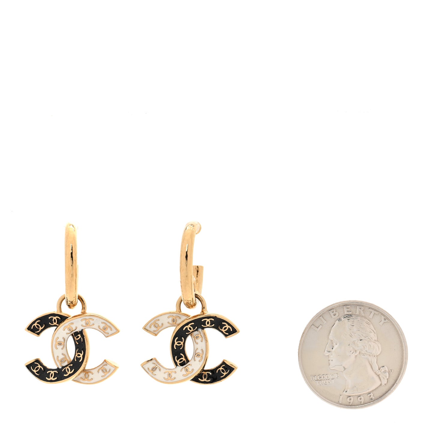 Enamel CC Hoop Drop Earrings Black White Gold