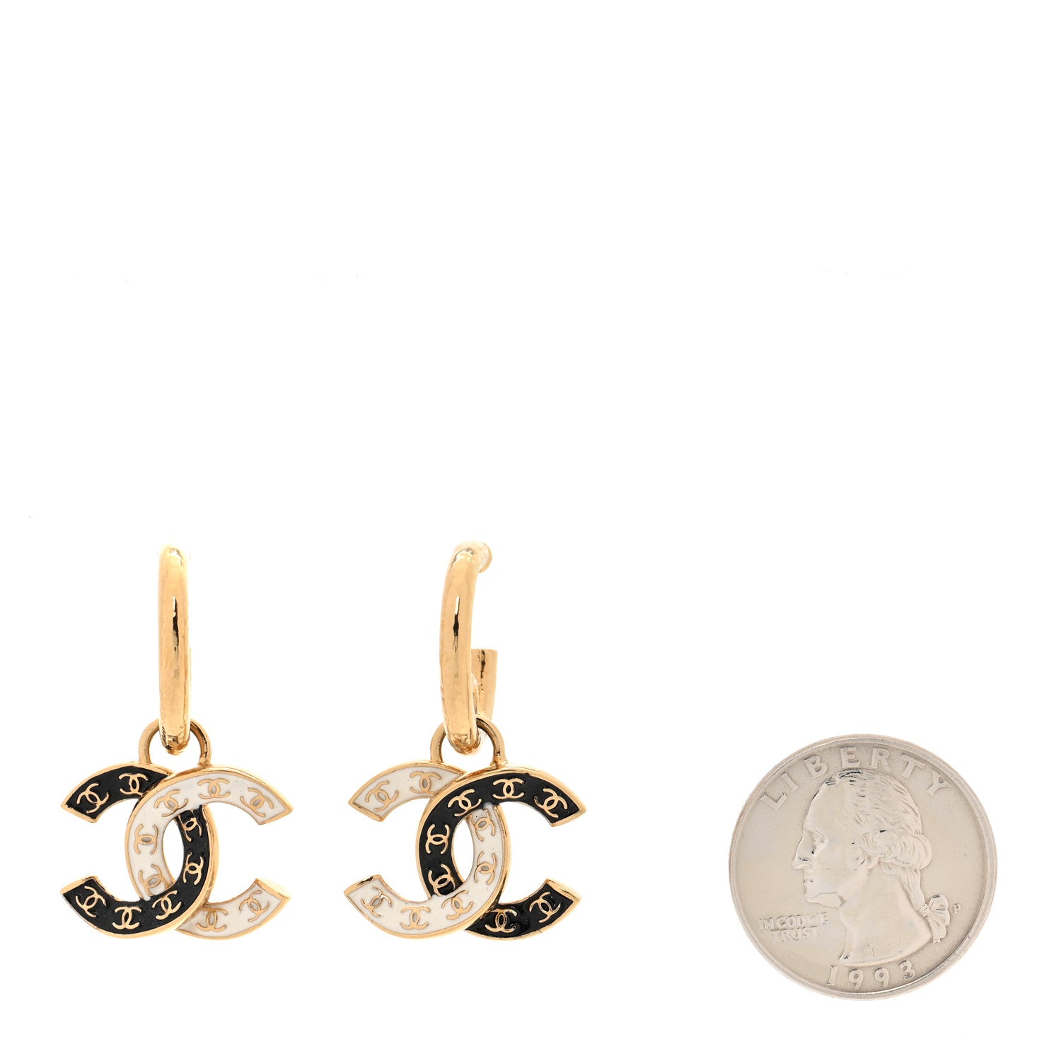 Chanel Enamel CC Hoop Drop Earrings Black White Gold 2 of 5