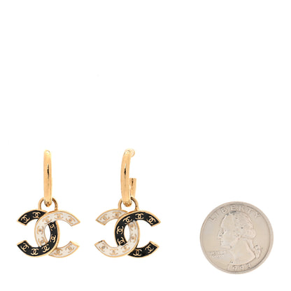 Chanel Enamel CC Hoop Drop Earrings Black White Gold 2 of 5