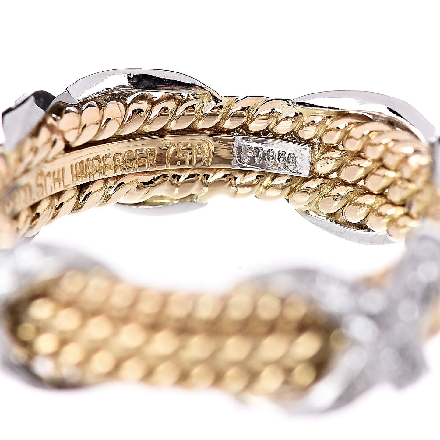 18K Yellow Gold Platinum Diamond Schlumberger Rope 3 Row X Ring 50 5.25