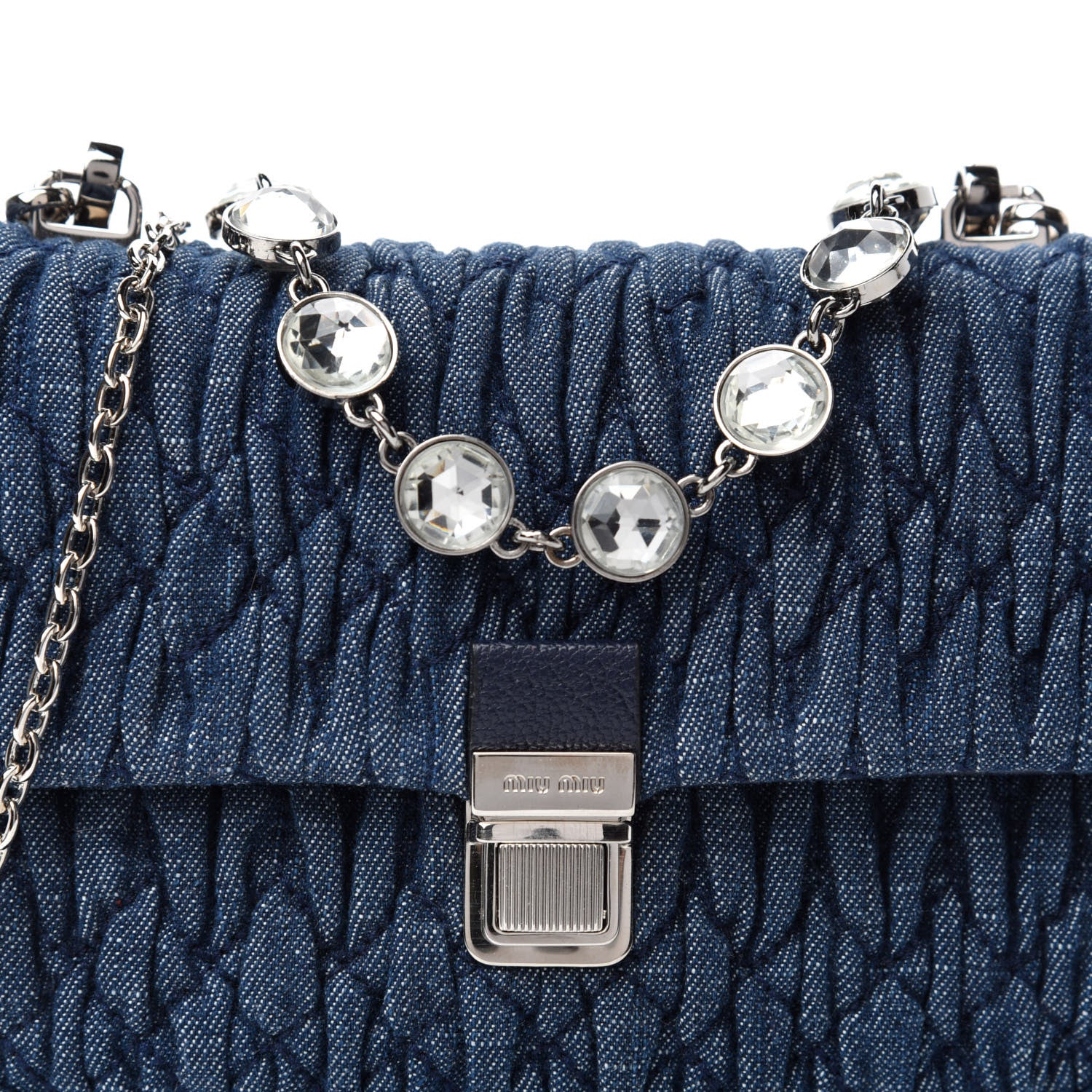 Miu Miu Denim Matelasse Crystal Chain Crossbody Bag Blue 10 of 11