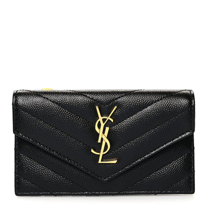 Saint Laurent Grain De Poudre Matelasse Chevron Monogram Compact Wallet Black 1 of 9
