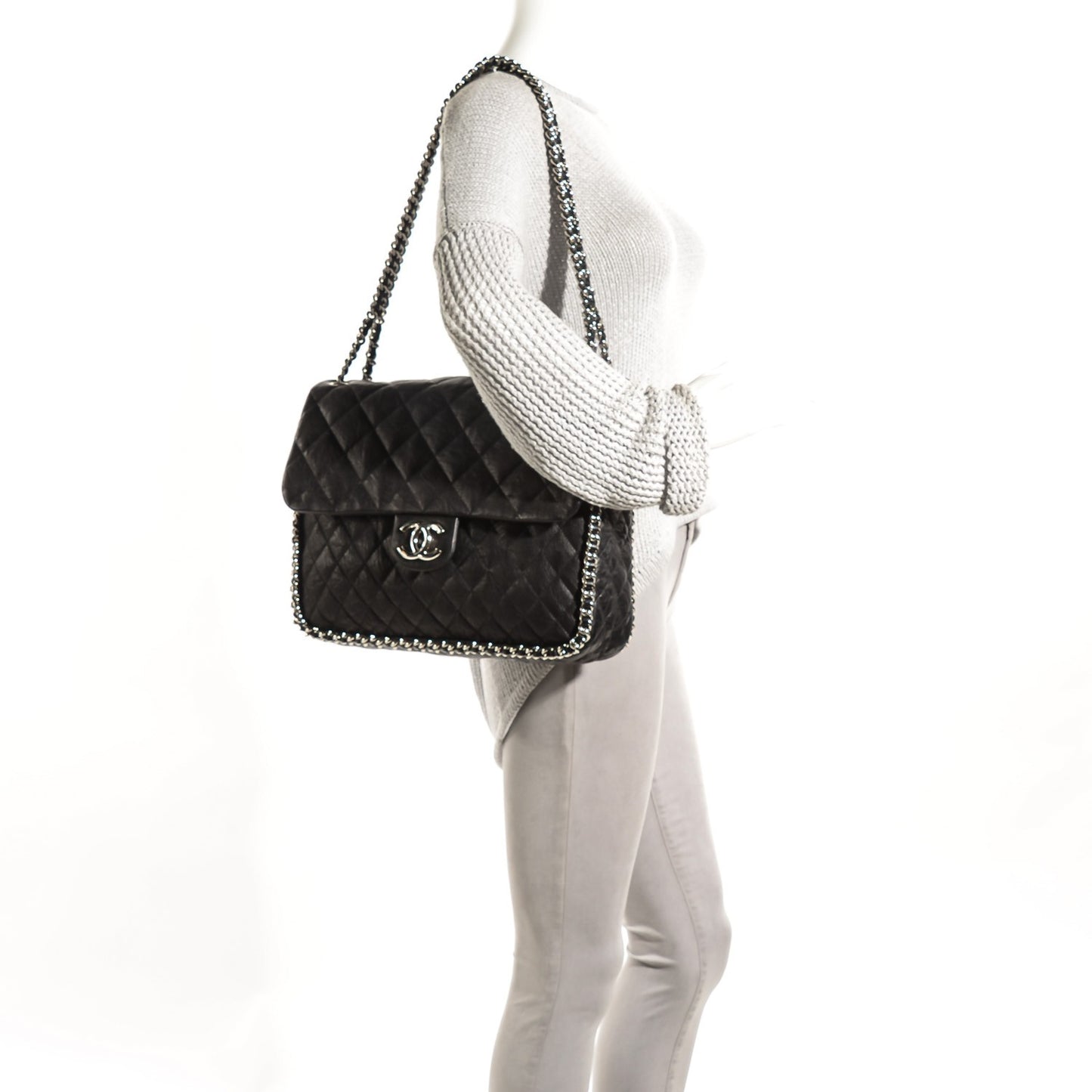 Crumpled Lambskin Chain Around Maxi Flap Bag Black