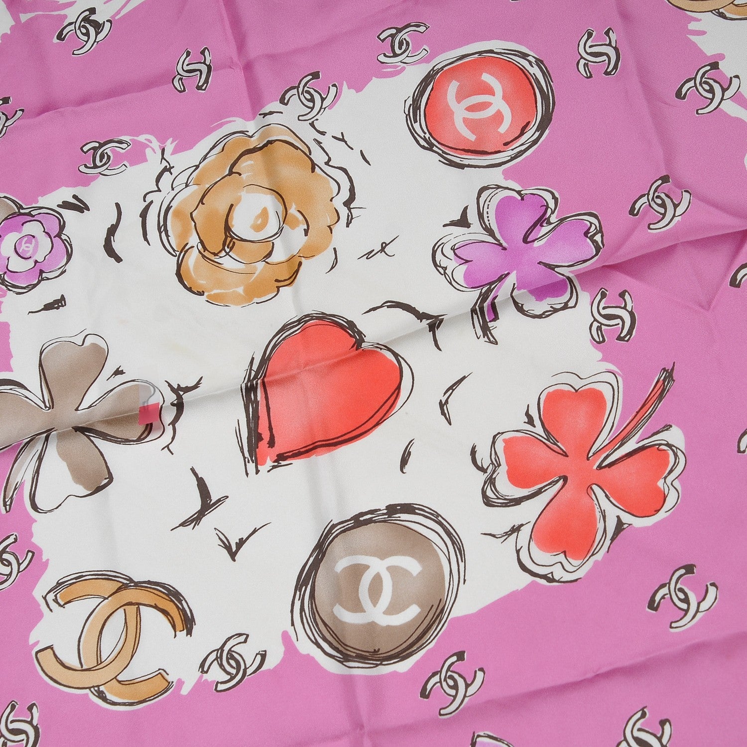 Chanel Silk CC Camellia Clover Heart Scarf Pink 4 of 8