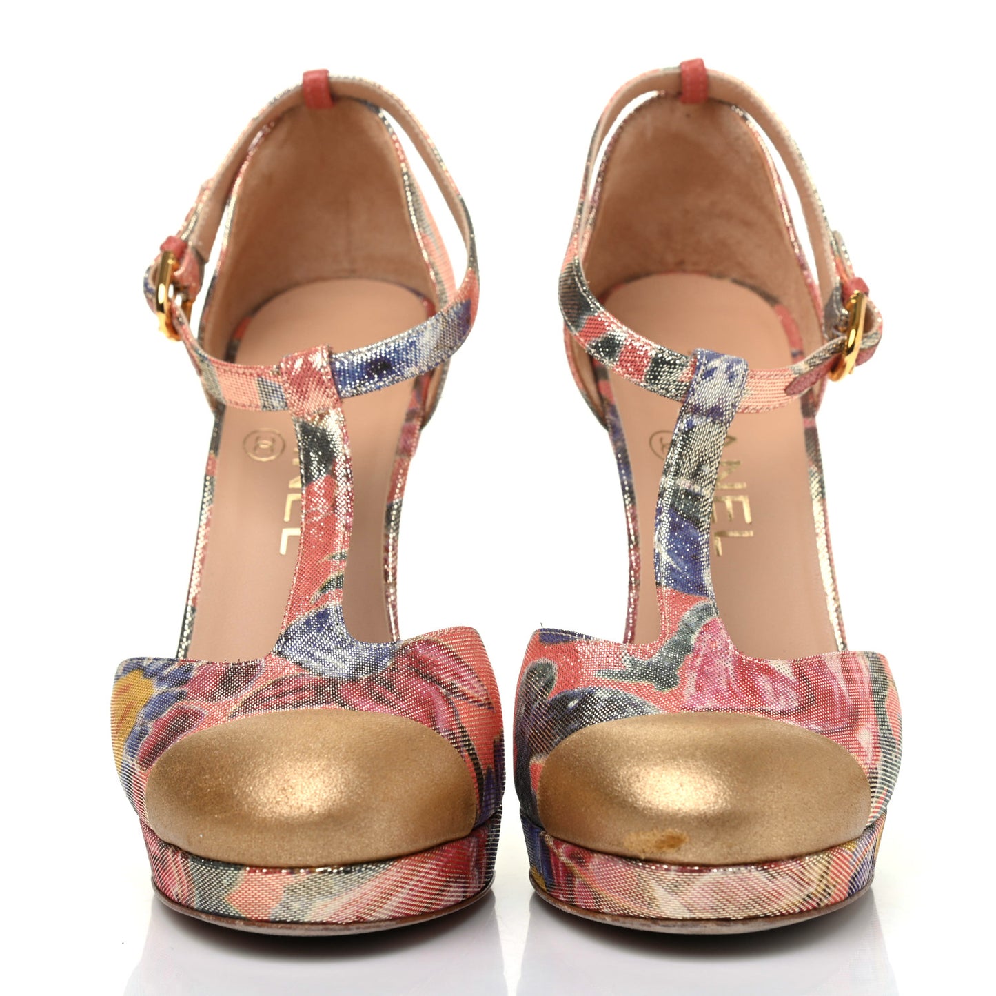 Crepe Calfskin Floral Printed Metallic Calfskin Cap Toe CC Ankle Strap Pumps 36.5 Coral Gold