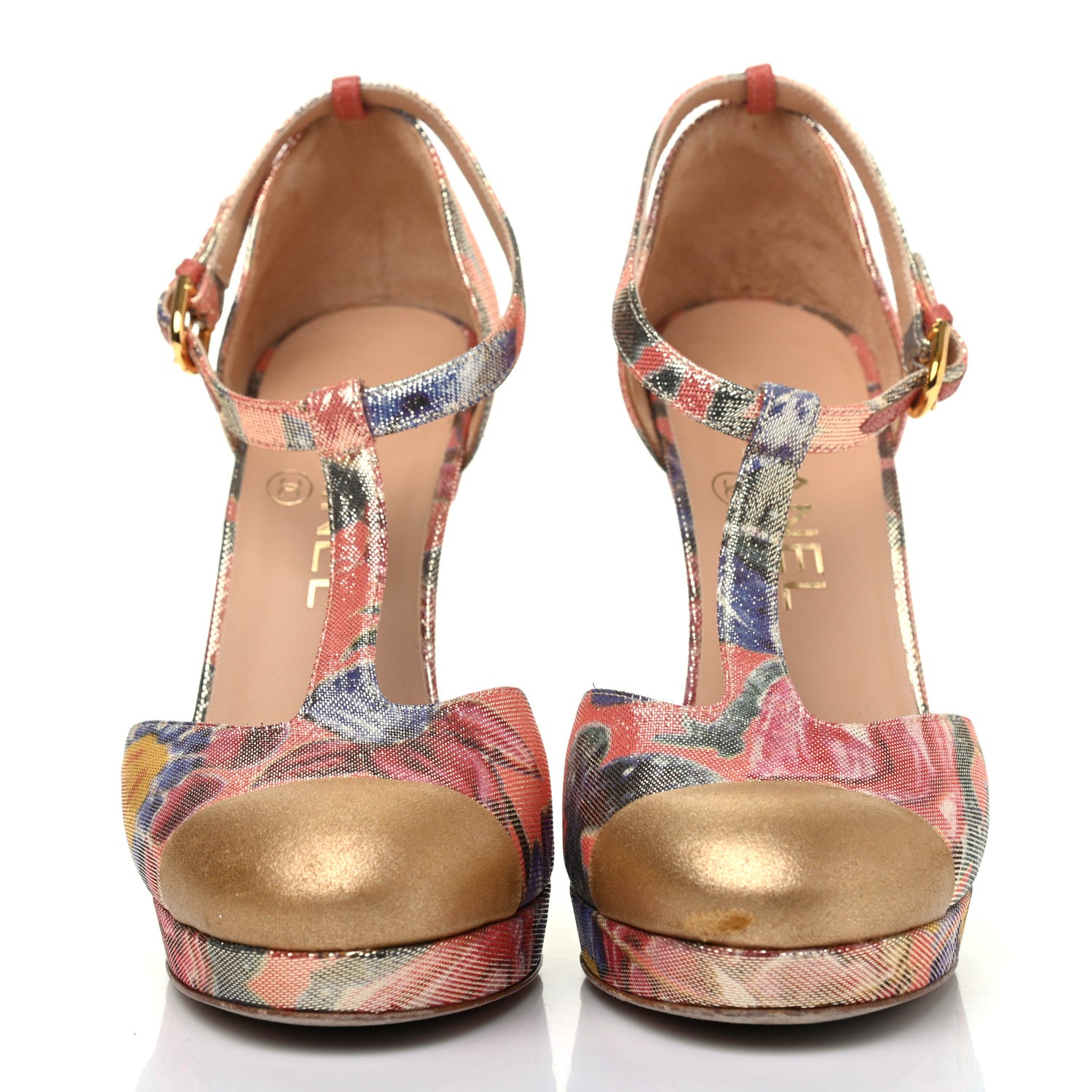 Chanel Crepe Calfskin Floral Printed Metallic Calfskin Cap Toe CC Ankle Strap Pumps 36.5 Coral Gold 2 of 13