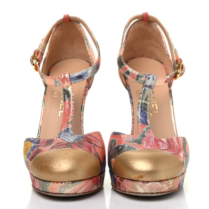Chanel Crepe Calfskin Floral Printed Metallic Calfskin Cap Toe CC Ankle Strap Pumps 36.5 Coral Gold 2 of 13