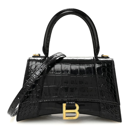 Balenciaga Shiny Calfskin Crocodile Embossed Small Hourglass Top Handle Bag Black 1 of 10