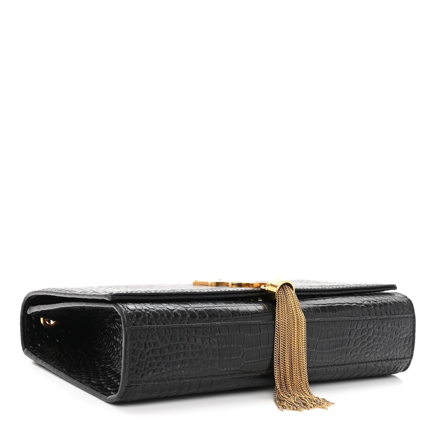 Calfskin Crocodile Embossed Medium Classic Monogram Kate Tassel Satchel Black