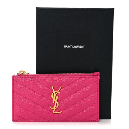Saint Laurent Grain De Poudre Matelasse Chevron Monogram Fragments Zippered Card Case Fresh Fuxia 8 of 8