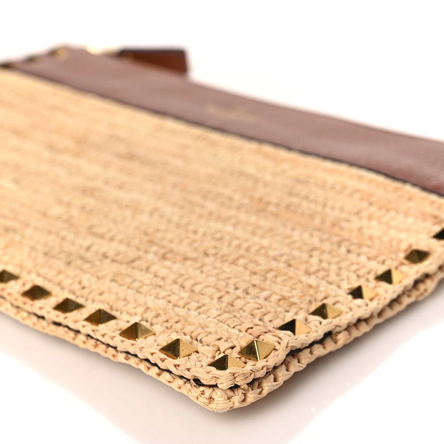 Raffia Calfskin Large Rockstud Zip Pouch Naturale Saddle Brown