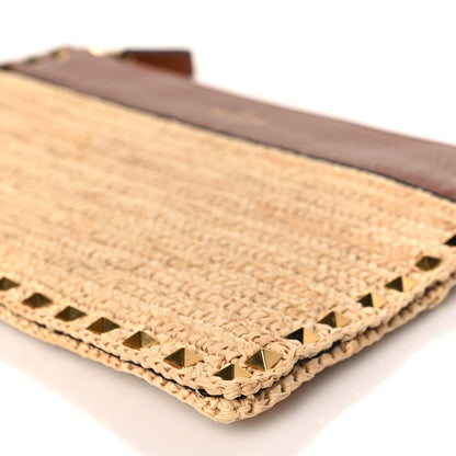Valentino Garavani Raffia Calfskin Large Rockstud Zip Pouch Naturale Saddle Brown 8 of 8