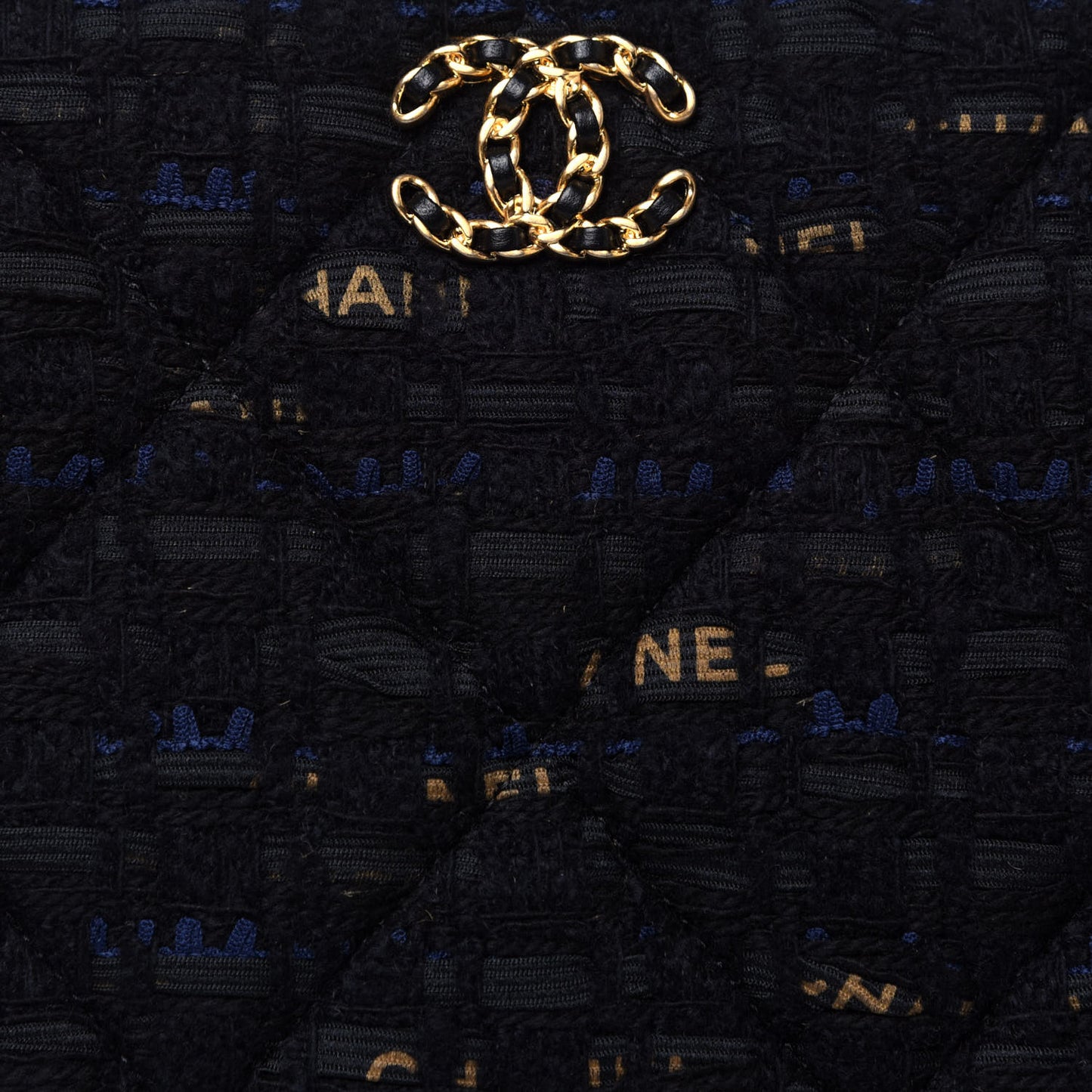 Tweed Quilted Large Chanel 19 Pouch Black Navy Gold