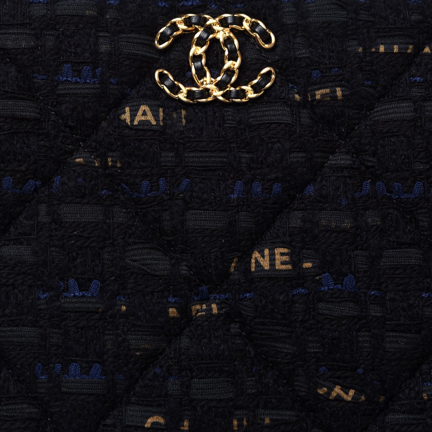 Chanel Tweed Quilted Large Chanel 19 Pouch Black Navy Gold 12 of 13