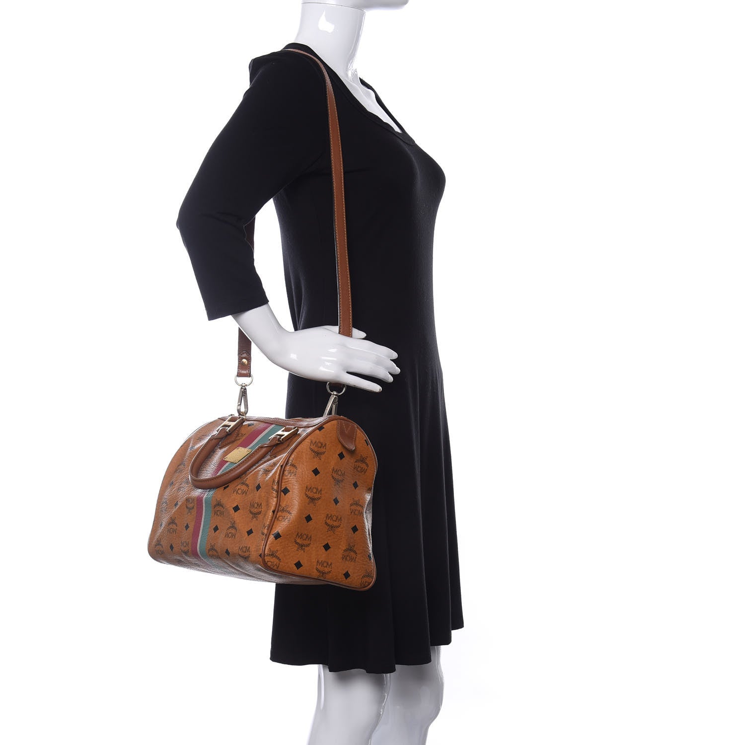 MCM Visetos Striped Boston Satchel Cognac 2 of 8