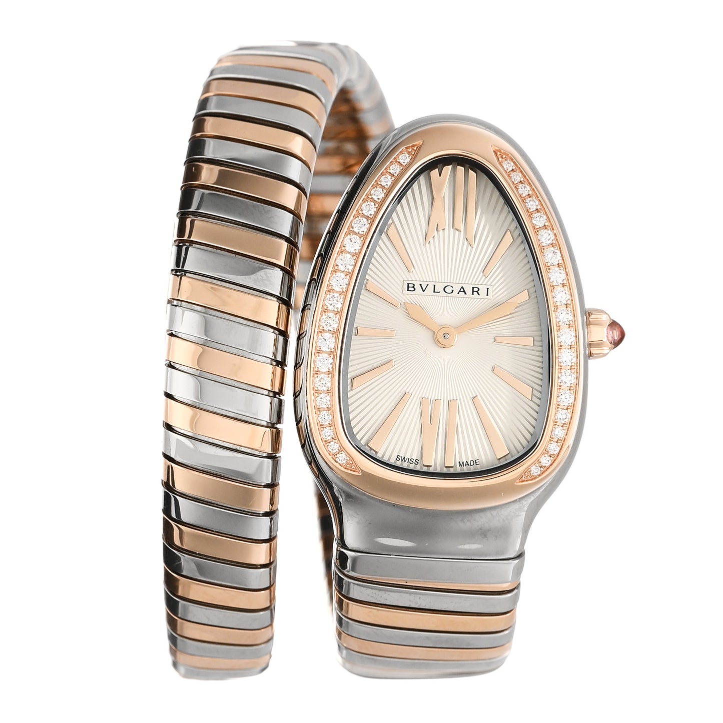 Stainless Steel 18K Rose Gold Diamond Bezel 35mm Serpenti Tubogas Quartz Watch