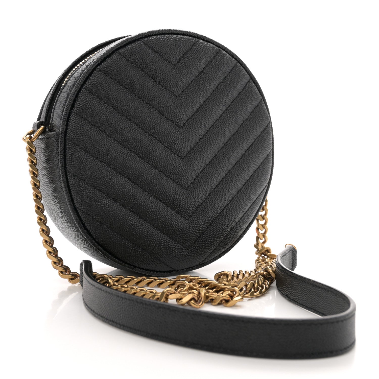 Saint Laurent Grain De Poudre Matelasse Chevron Quilted Round Vinyle Camera Bag Black 3 of 11