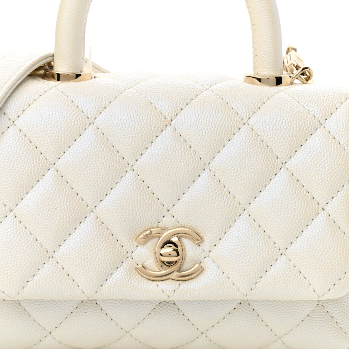 Iridescent Caviar Quilted Extra Mini Coco Handle Flap White