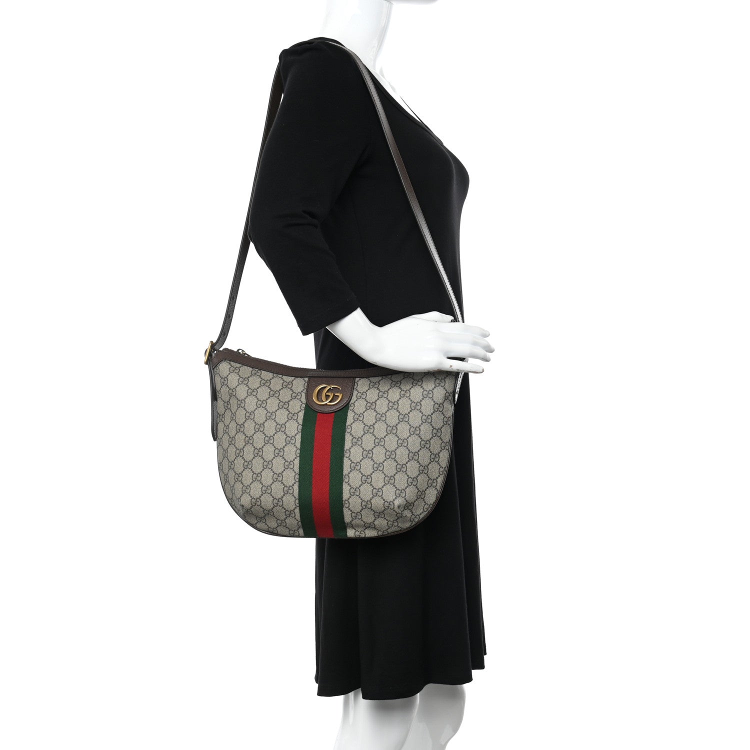 Gucci GG Supreme Monogram Textured Dollar Calfskin Web Small Ophidia Half Moon Hobo Beige Ebony New Acero 2 of 12