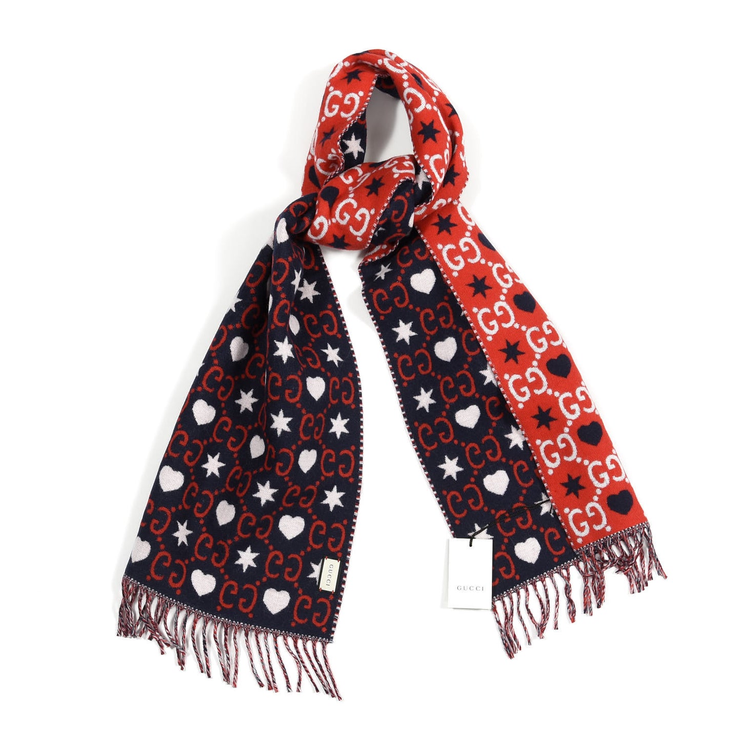 Wool Jacquard GG Monogram Hearts Scarf Red Blue