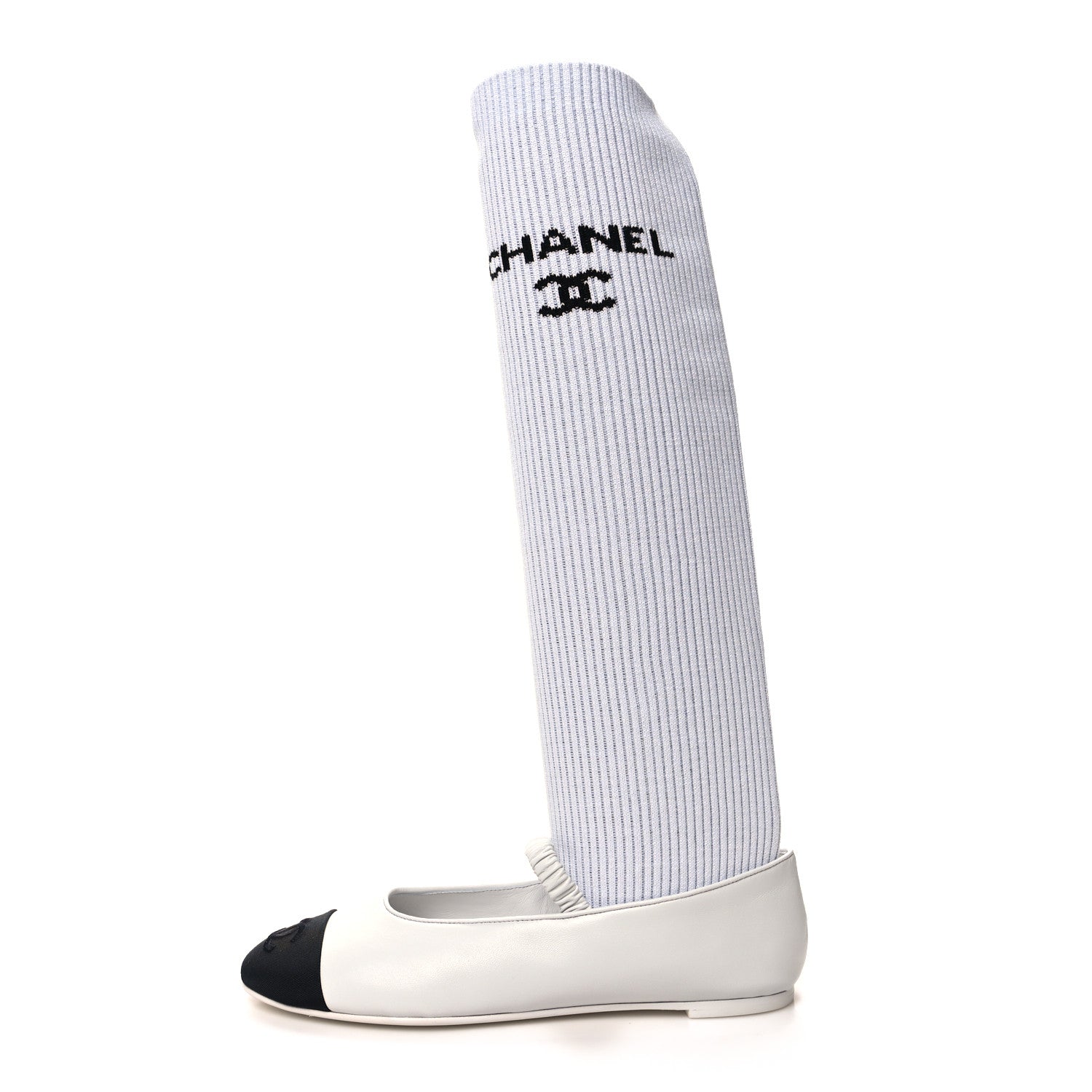 Chanel Lambskin Knit Grosgrain Cap Toe CC Ballerina Flats With Leg Warmers 37 White Black 1 of 10