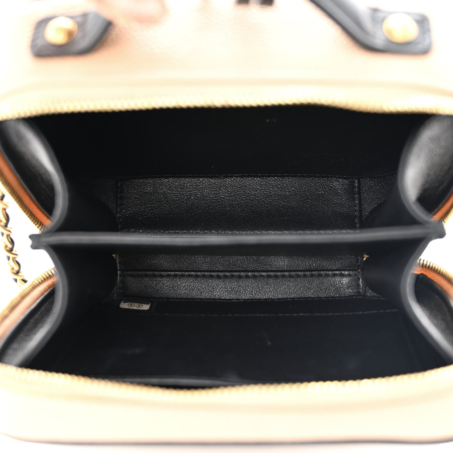 Caviar Quilted Small CC Filigree Vanity Case Beige Black
