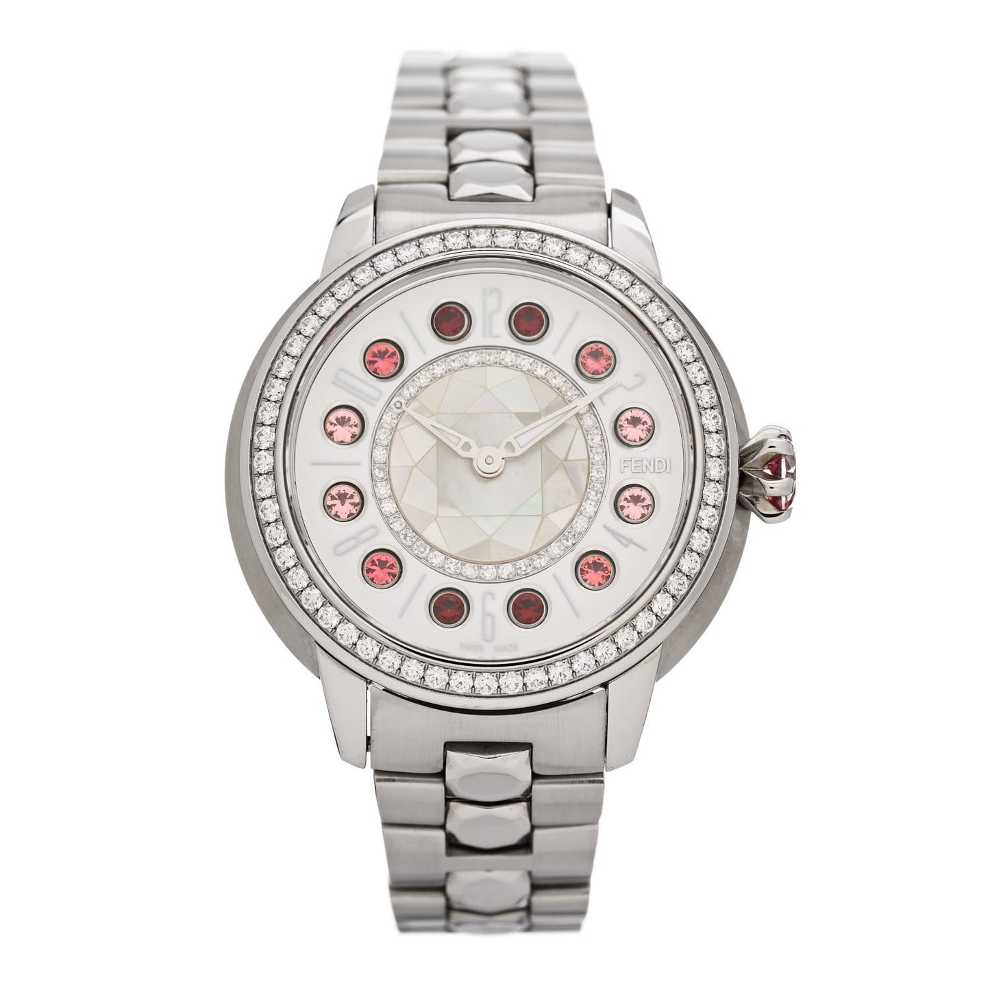 Stainless Steel Diamond Bezel Mother of Pearl Topaz 34mm Crazy Carats Quartz Watch