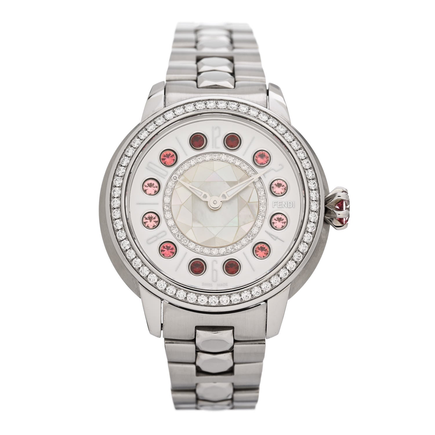 Fendi Stainless Steel Diamond Bezel Mother of Pearl Topaz 34mm Crazy Carats Quartz Watch 1 of 7