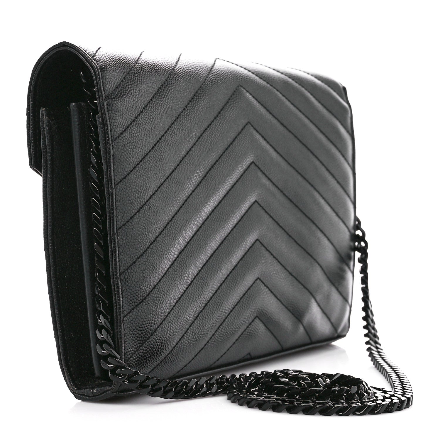 Saint Laurent Grain De Poudre Matelasse Chevron Monogram Monochrome Chain Wallet Black 3 of 13