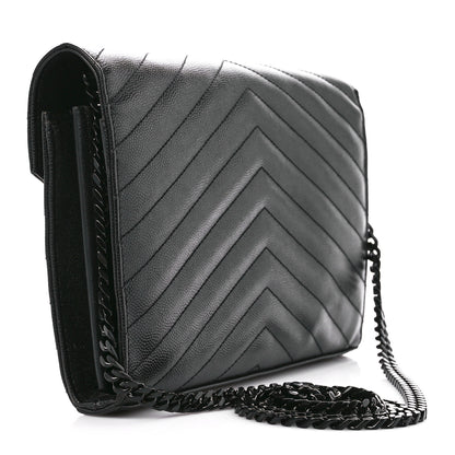 Saint Laurent Grain De Poudre Matelasse Chevron Monogram Monochrome Chain Wallet Black 3 of 13