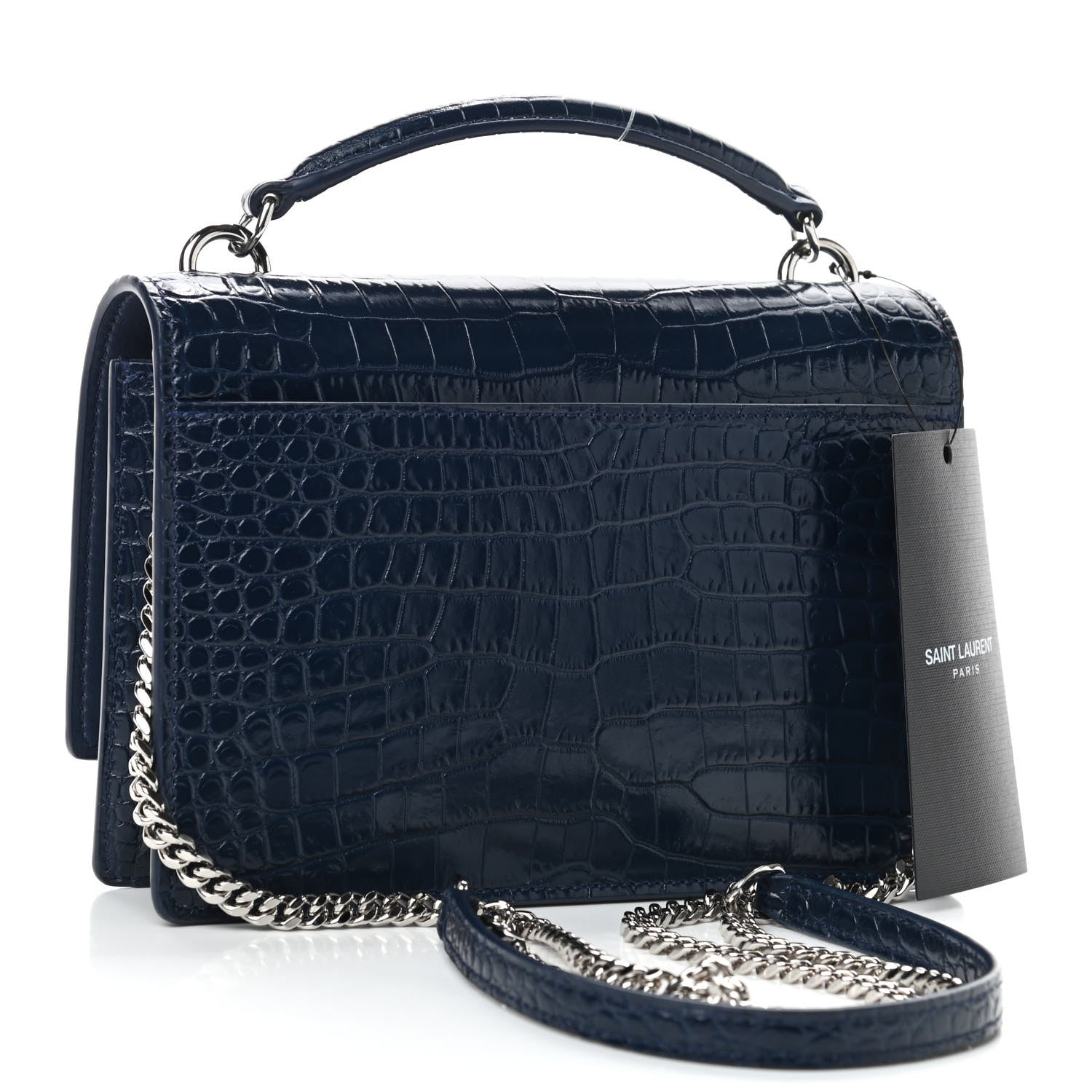 Saint Laurent Calfskin Crocodile Embossed Monogram Sunset Chain Wallet New Cobalt 2 of 4
