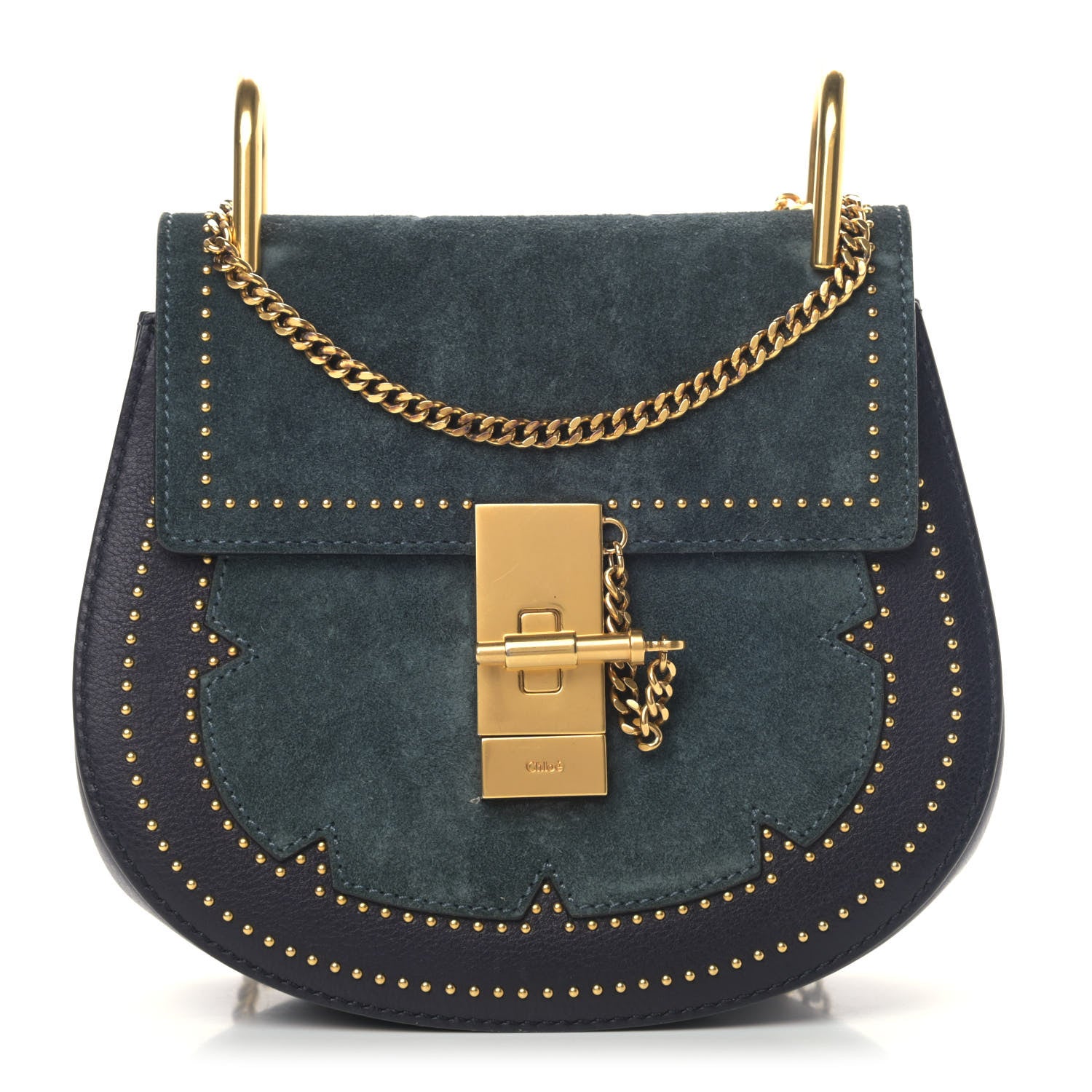 Chloe Suede Smooth Calfskin Studded Mini Drew Shoulder Bag Full Blue 1 of 7