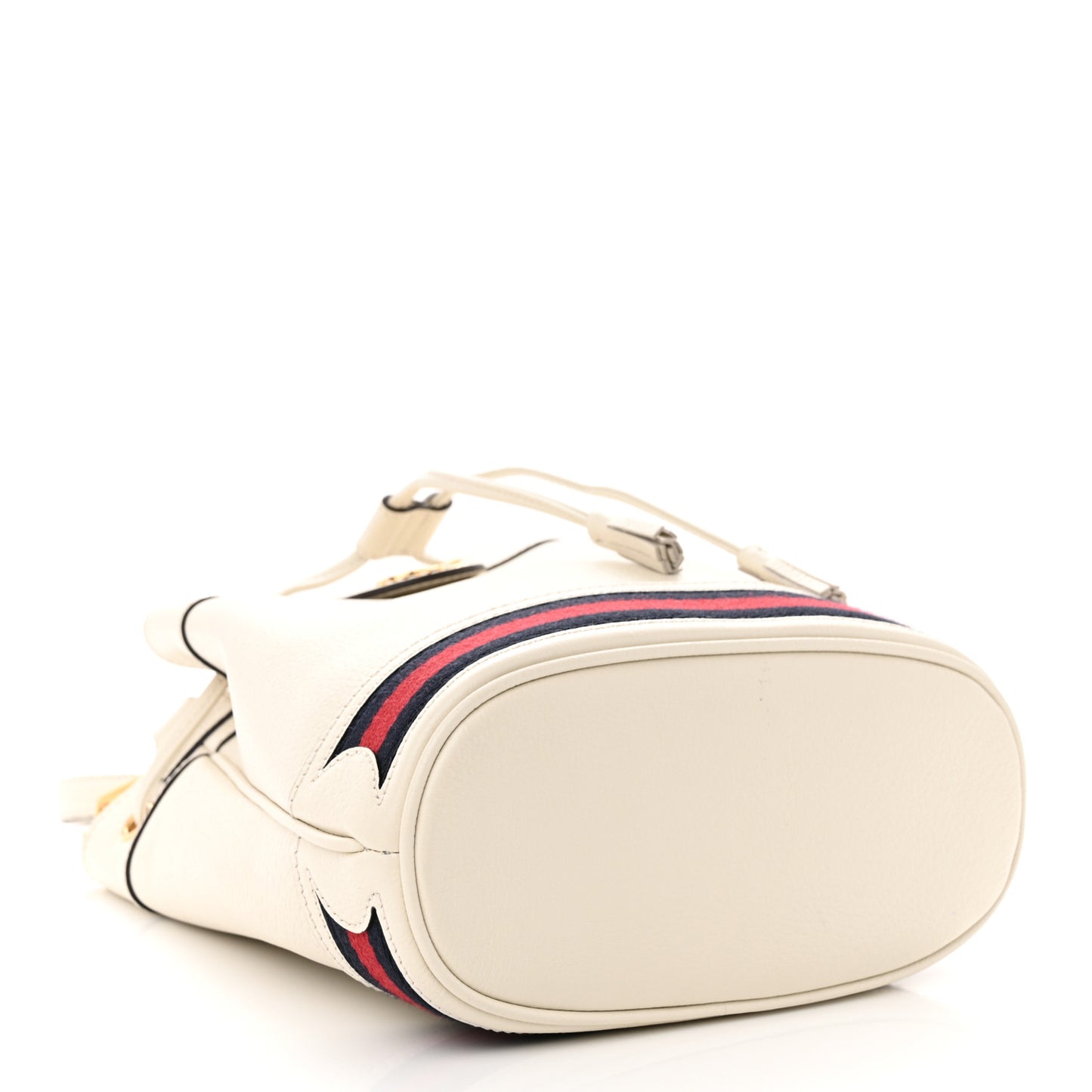 Glazed Textured Calfskin Web Small Ophidia Bucket Bag Mystic White