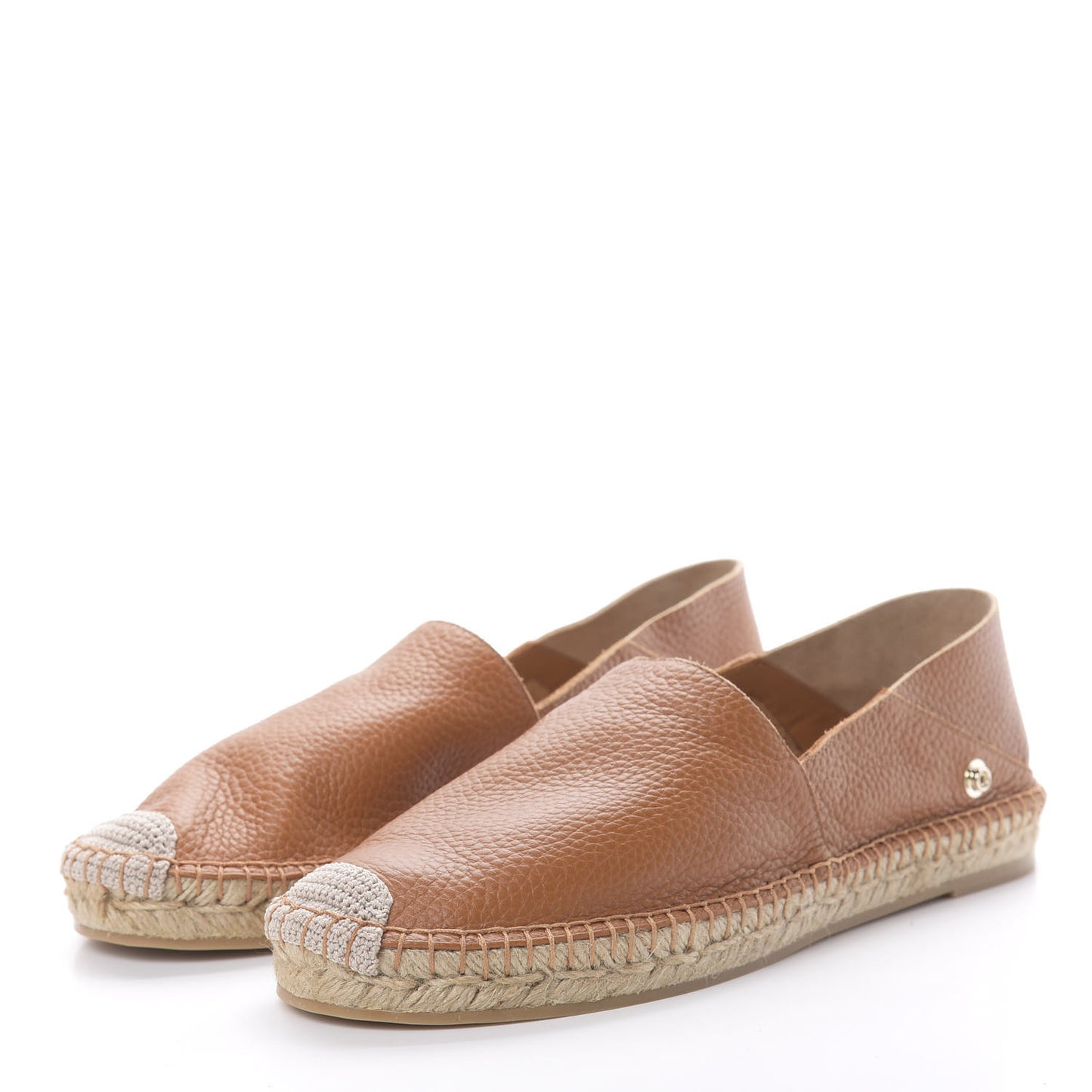 Grained Calfskin Feather Strap Espadrilles 39 Tan