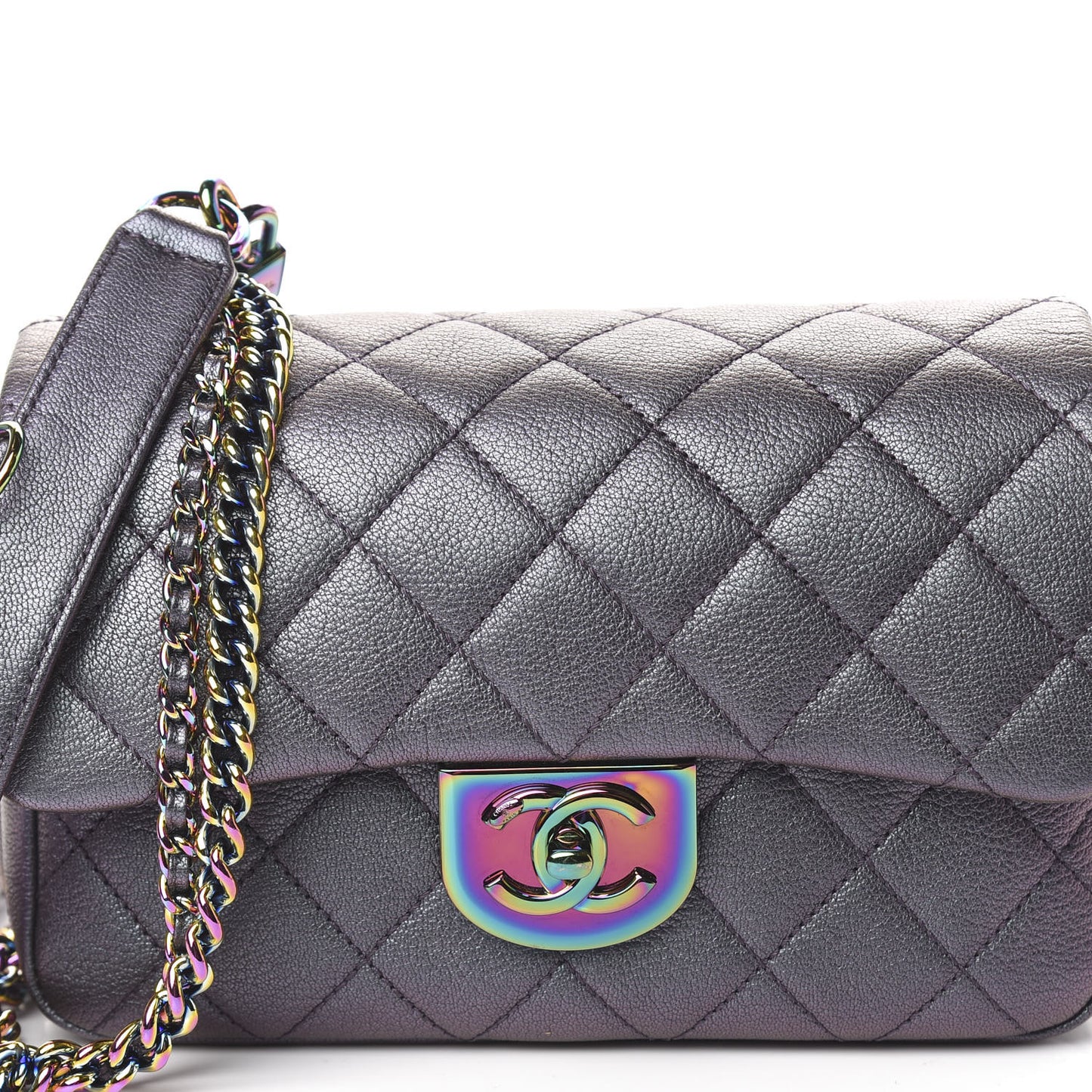 Iridescent Goatskin Quilted Small Double Carry Waist Chain Flap Purple