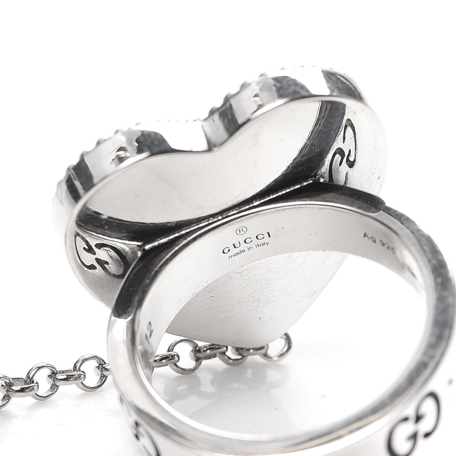 Gucci Sterling Silver Black Onyx Heart 25 Chain Ring 52 6 4 of 5